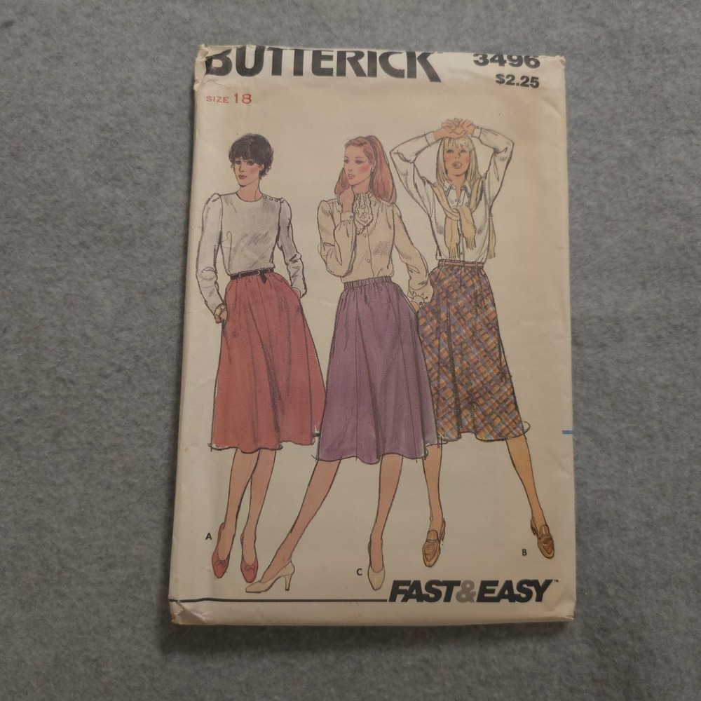 Butterick 3496 Sewing Pattern Women's Skirt Size 18 Fast & Easy Vintage 1980s